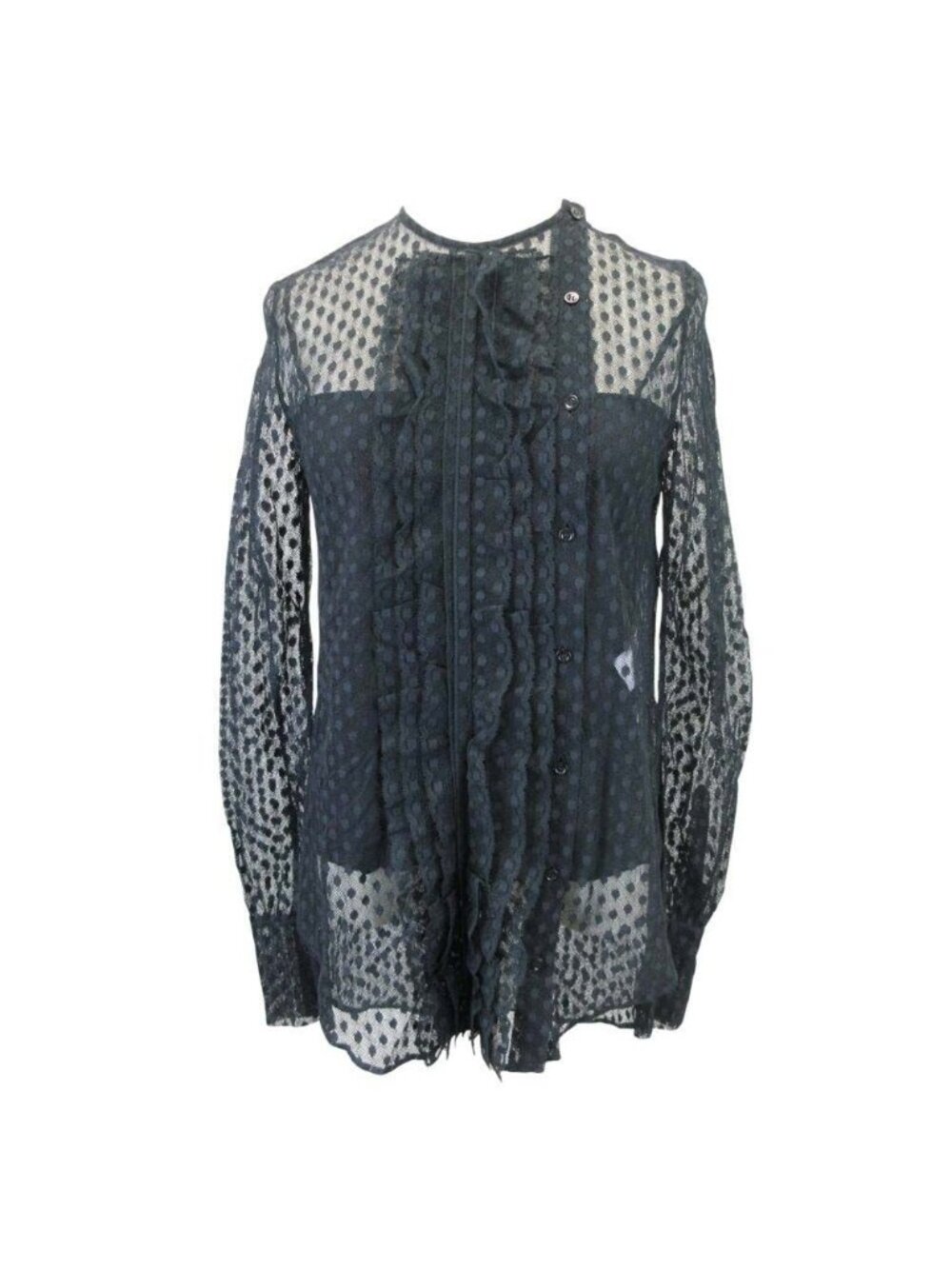 Dior Dot Plume Titul Blouse Frill Tuck Shirt Lace Black 34